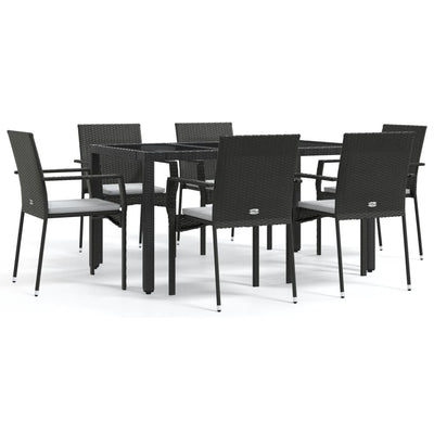 7 Piece Garden Dining Set with Cushions Black Poly Rattan