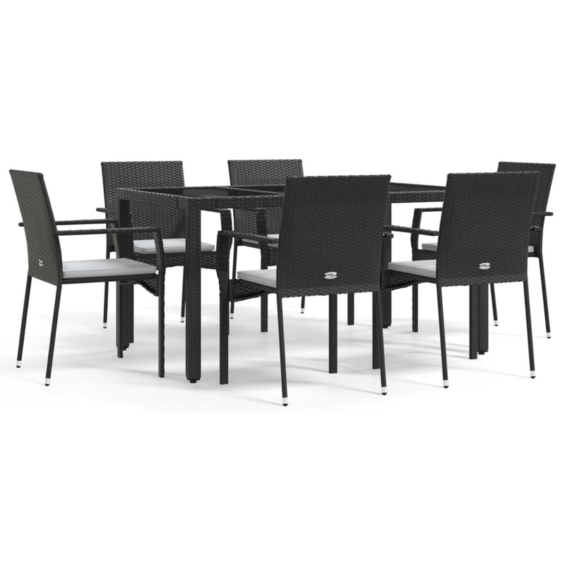 7 Piece Garden Dining Set with Cushions Black Poly Rattan