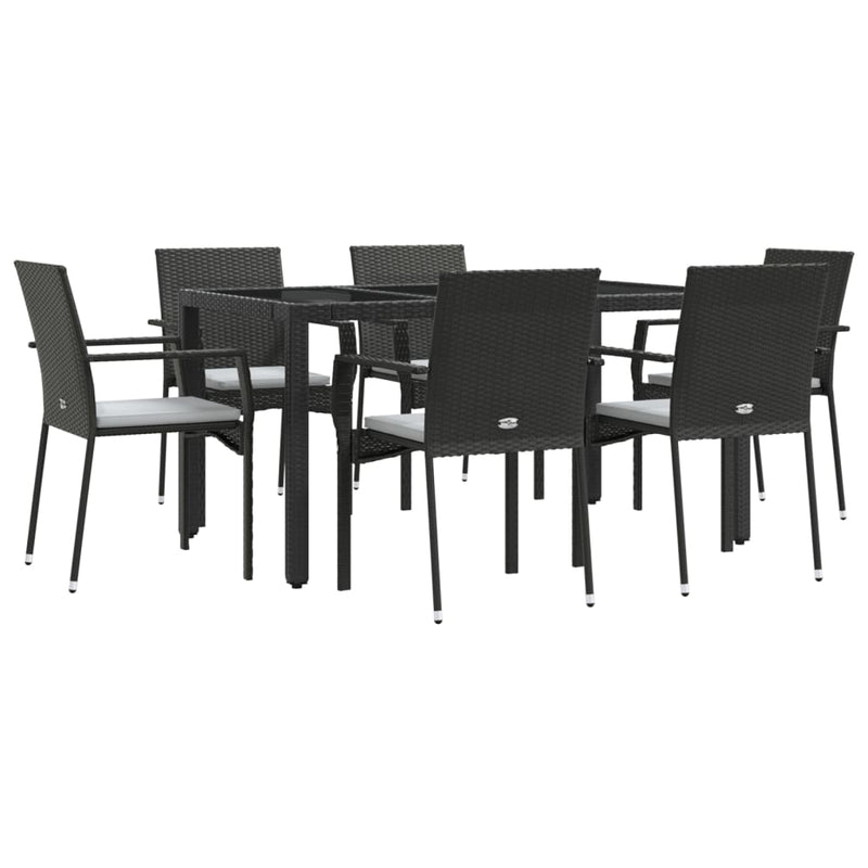 7 Piece Garden Dining Set with Cushions Black Poly Rattan