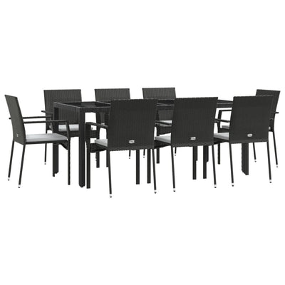 9 Piece Garden Dining Set with Cushions Black Poly Rattan