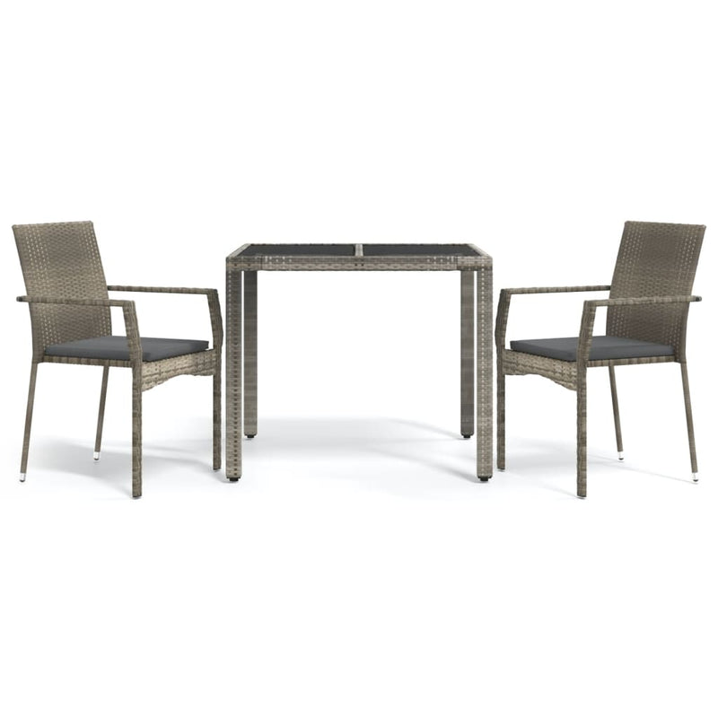 3 Piece Garden Dining Set with Cushions Grey Poly Rattan