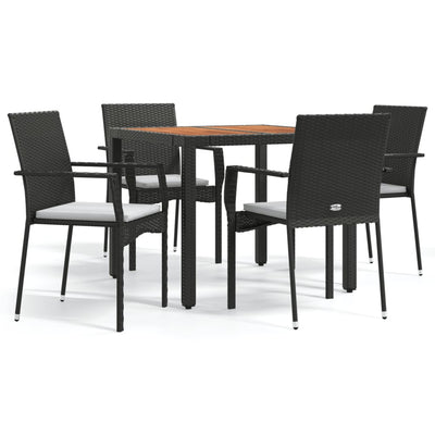 5 Piece Garden Dining Set with Cushions Black Poly Rattan