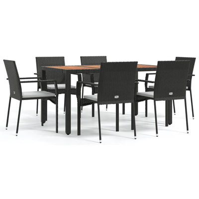 7 Piece Garden Dining Set with Cushions Black Poly Rattan