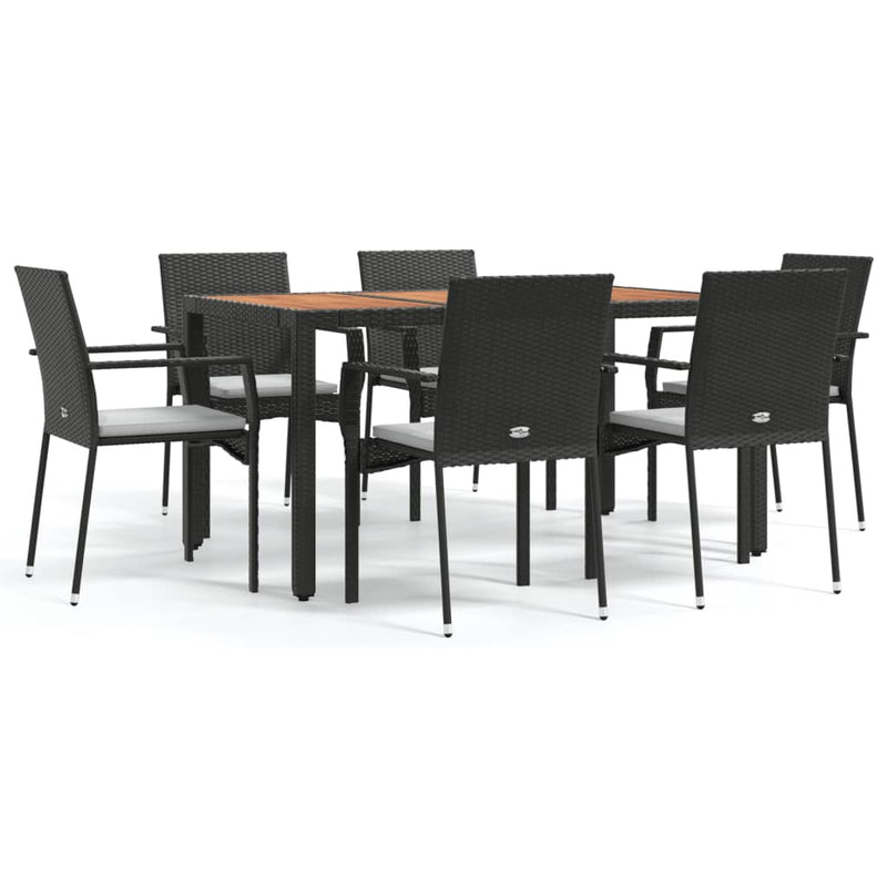 7 Piece Garden Dining Set with Cushions Black Poly Rattan