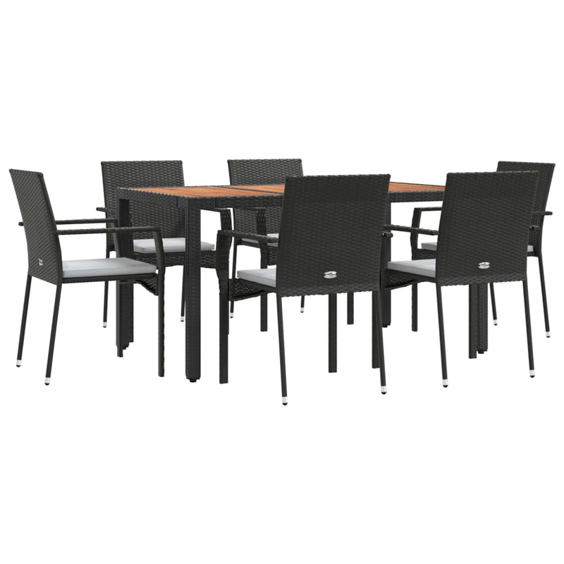 7 Piece Garden Dining Set with Cushions Black Poly Rattan