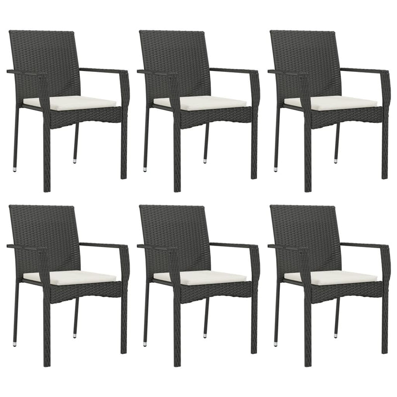 7 Piece Garden Dining Set with Cushions Black Poly Rattan