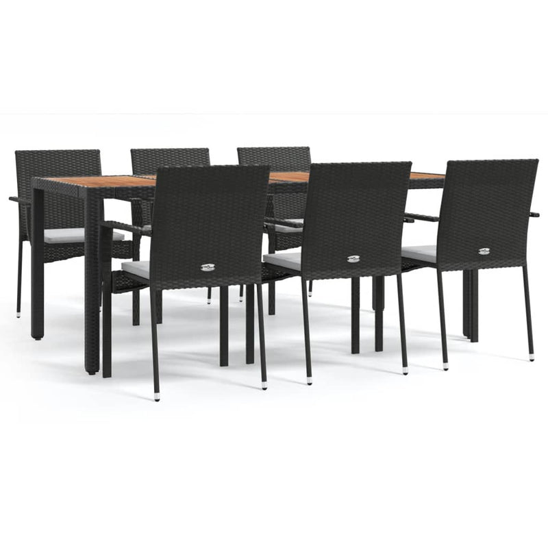 7 Piece Garden Dining Set with Cushions Black Poly Rattan