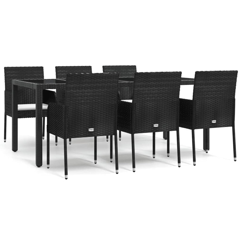 7 Piece Garden Dining Set with Cushions Black Poly Rattan