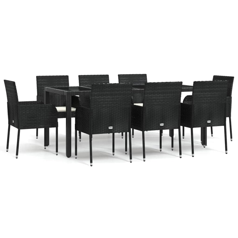 9 Piece Garden Dining Set with Cushions Black Poly Rattan