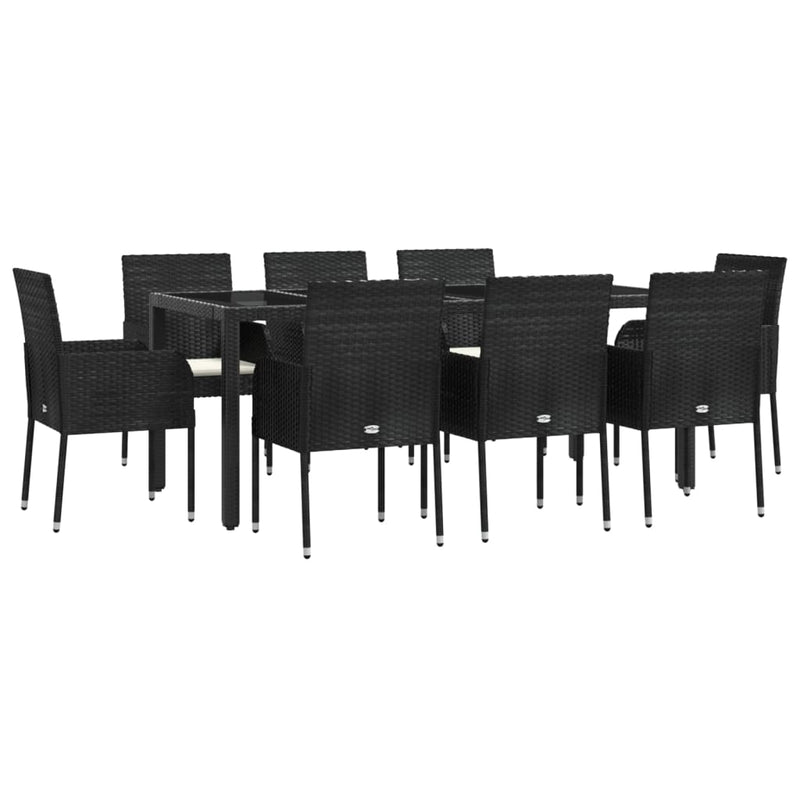 9 Piece Garden Dining Set with Cushions Black Poly Rattan