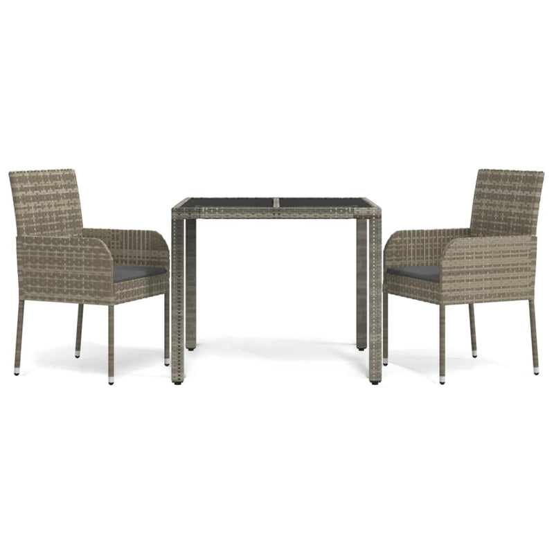 3 Piece Garden Dining Set with Cushions Grey Poly Rattan