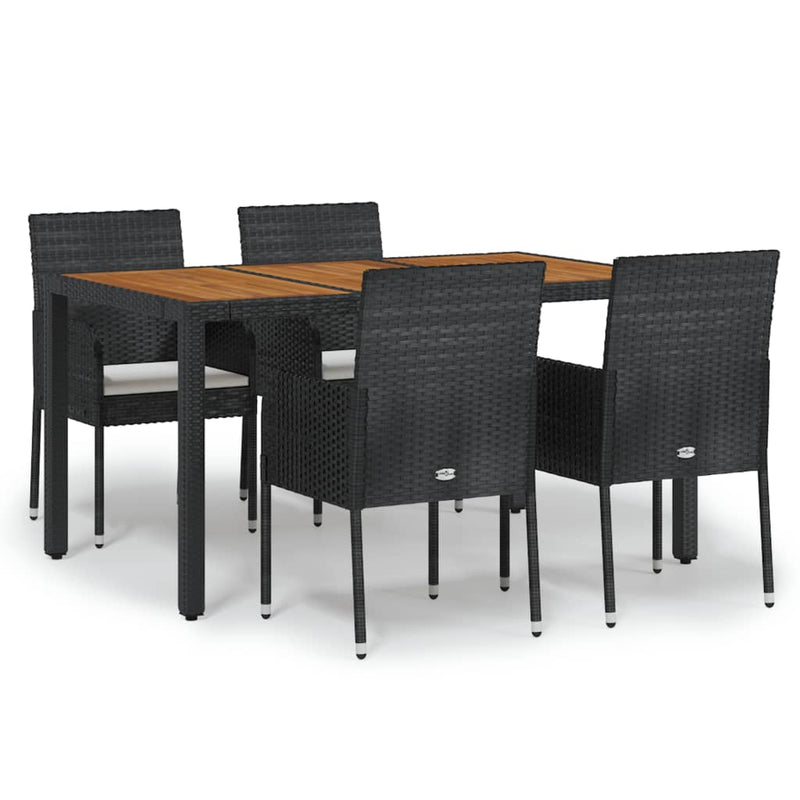 5 Piece Garden Dining Set with Cushions Black Poly Rattan