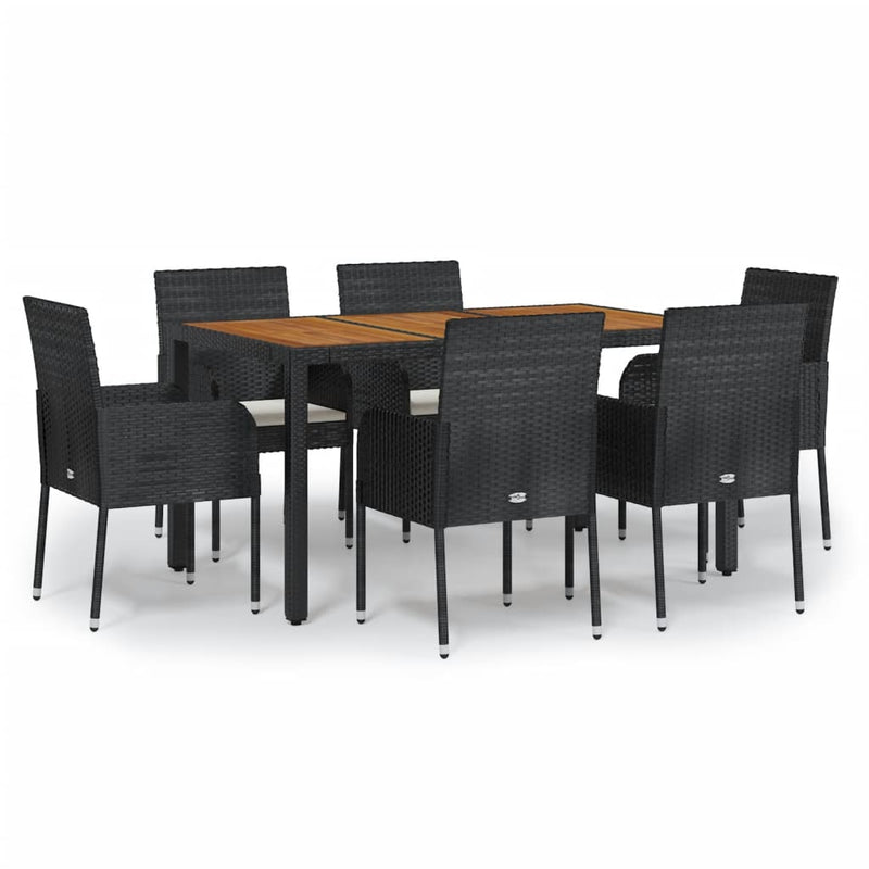 7 Piece Garden Dining Set with Cushions Black Poly Rattan