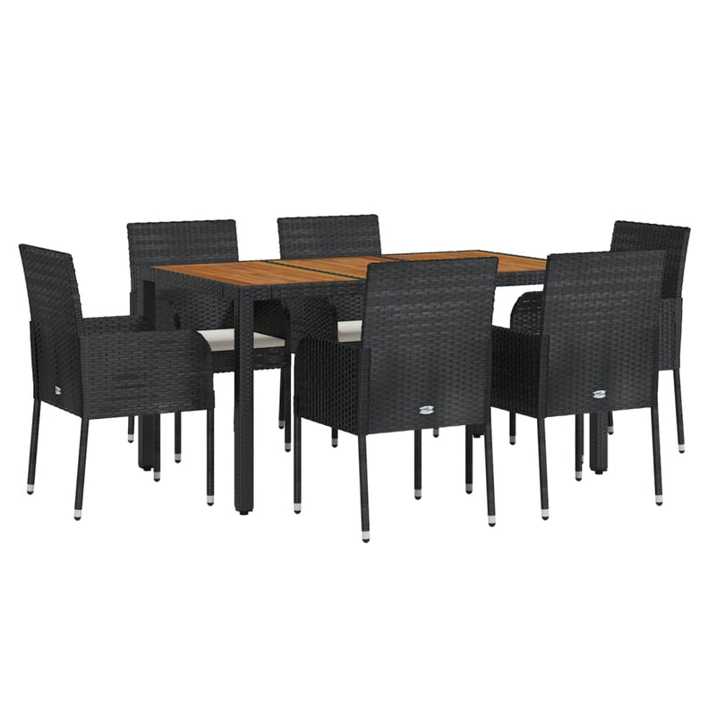 7 Piece Garden Dining Set with Cushions Black Poly Rattan