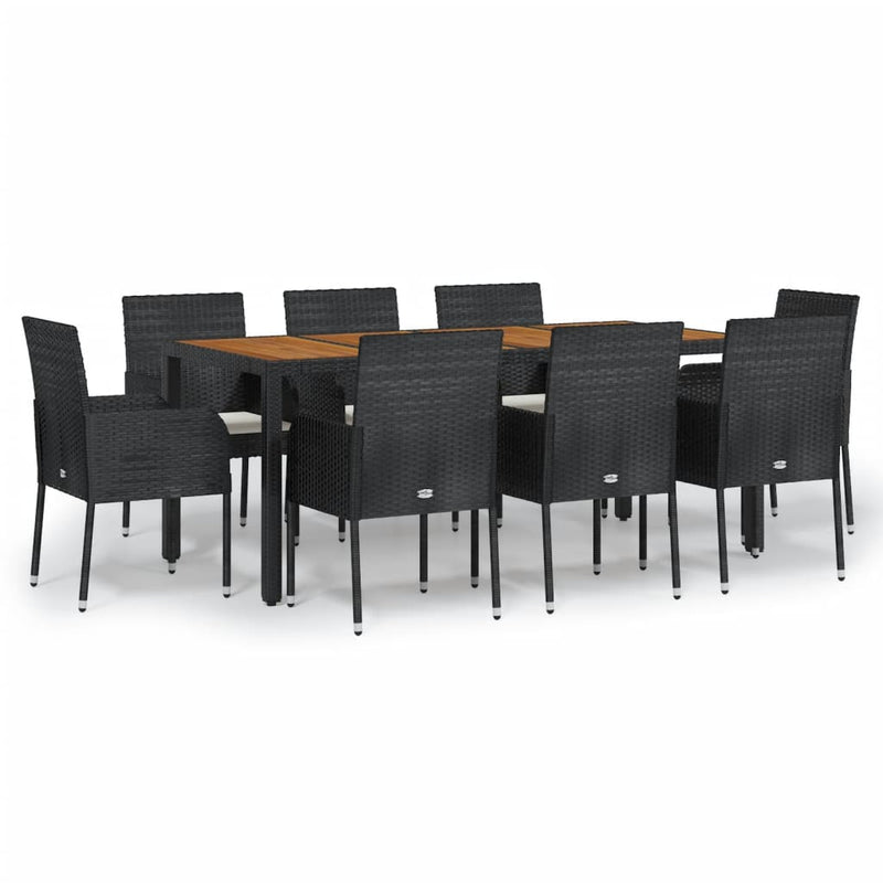 9 Piece Garden Dining Set with Cushions Black Poly Rattan