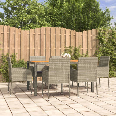 7 Piece Garden Dining Set with Cushions Grey Poly Rattan