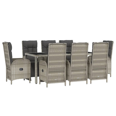 9 Piece Garden Dining Set with Cushions Grey Poly Rattan