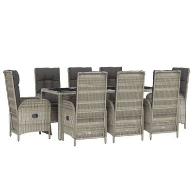 9 Piece Garden Dining Set with Cushions Grey Poly Rattan