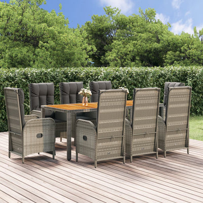 9 Piece Garden Dining Set with Cushions Grey Poly Rattan