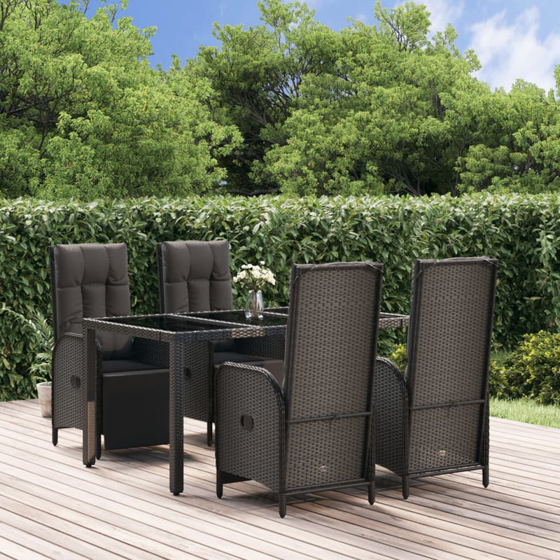 5 Piece Garden Dining Set with Cushions Black Poly Rattan