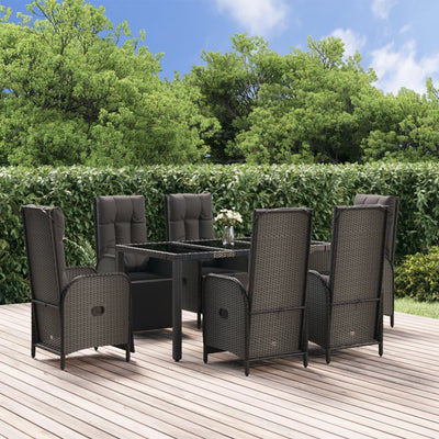 7 Piece Garden Dining Set with Cushions Black and Grey Poly Rattan