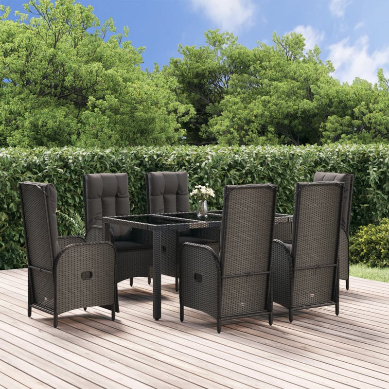 7 Piece Garden Dining Set with Cushions Black Poly Rattan