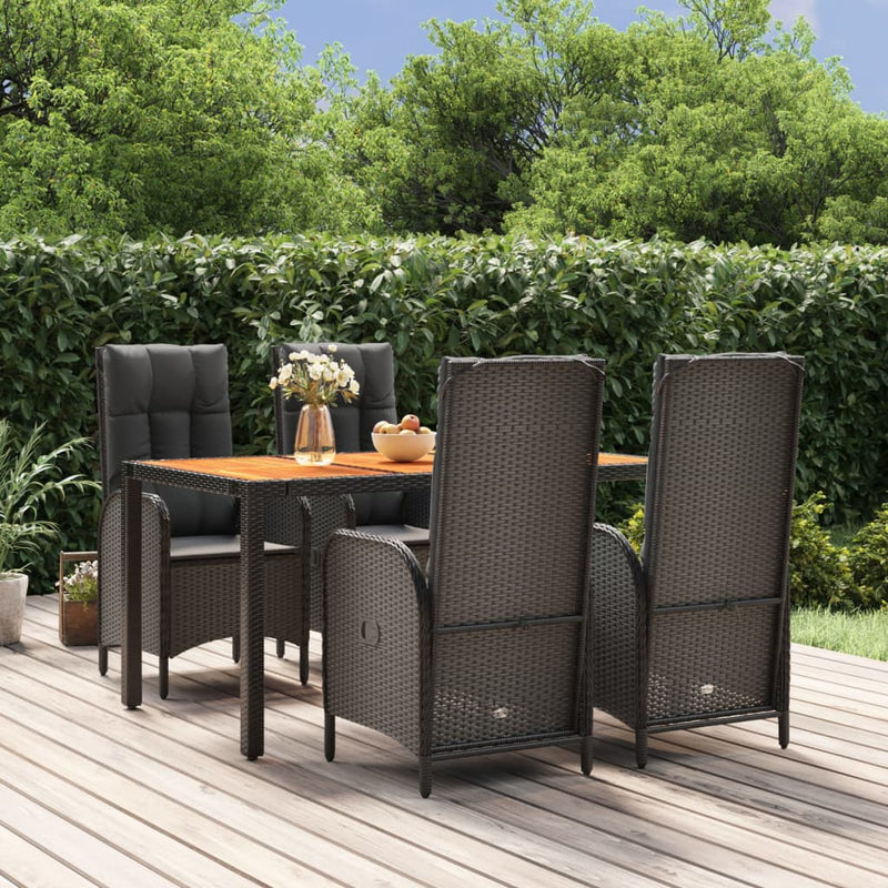 5 Piece Garden Dining Set with Cushions Black Poly Rattan