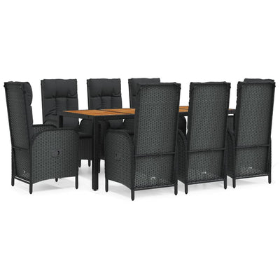 9 Piece Garden Dining Set with Cushions Black Poly Rattan