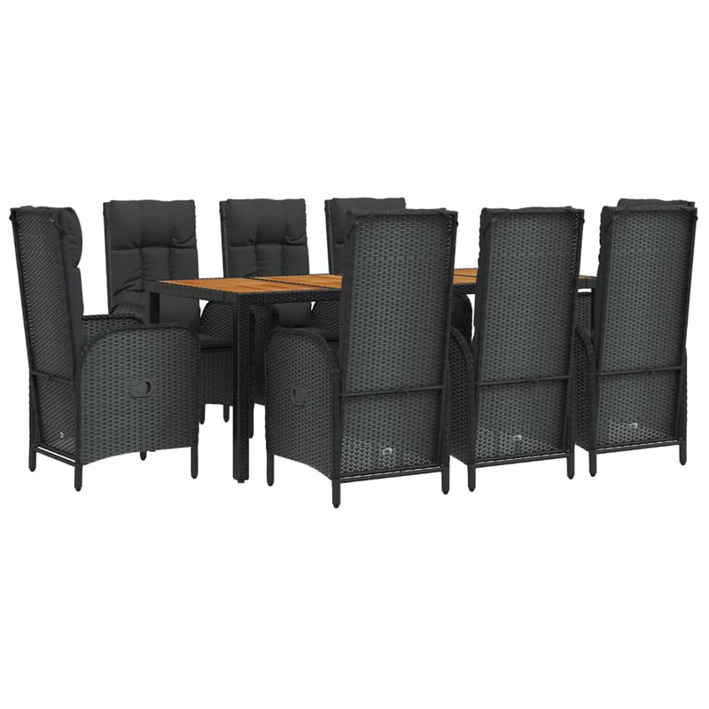 9 Piece Garden Dining Set with Cushions Black Poly Rattan