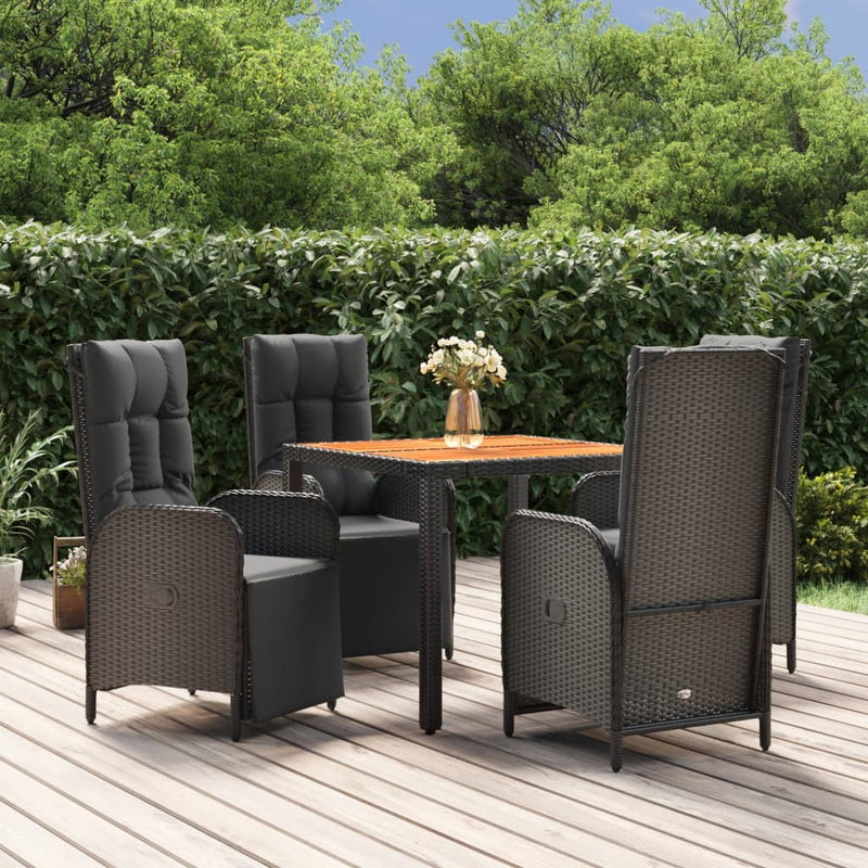 5 Piece Garden Dining Set with Cushions Black Poly Rattan