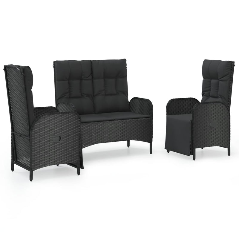 3 Piece Garden Dining Set with Cushions Black Poly Rattan