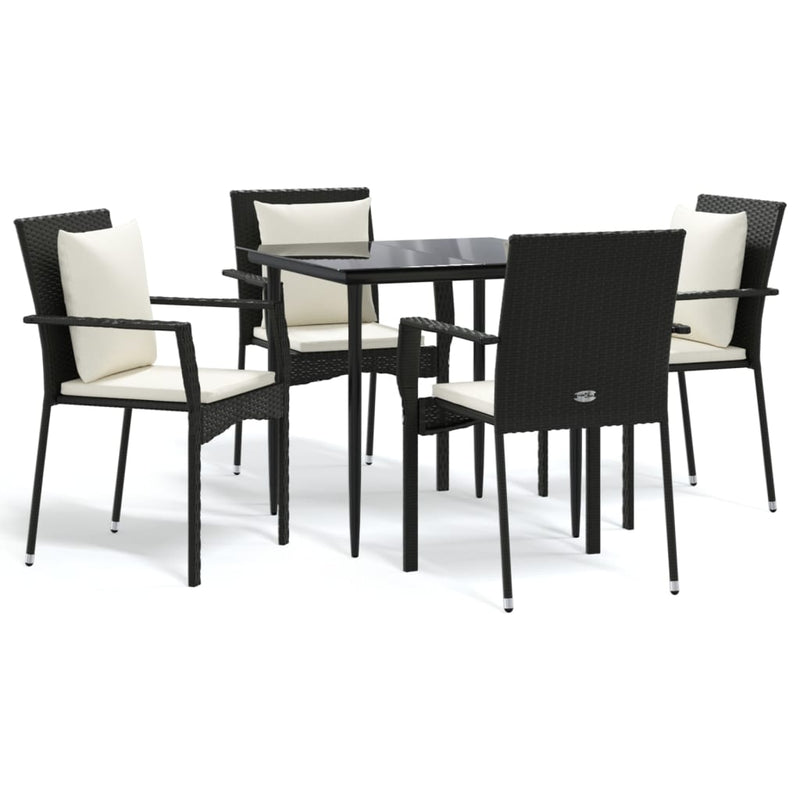 5 Piece Garden Dining Set with Cushions Black Poly Rattan