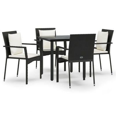 5 Piece Garden Dining Set with Cushions Black Poly Rattan