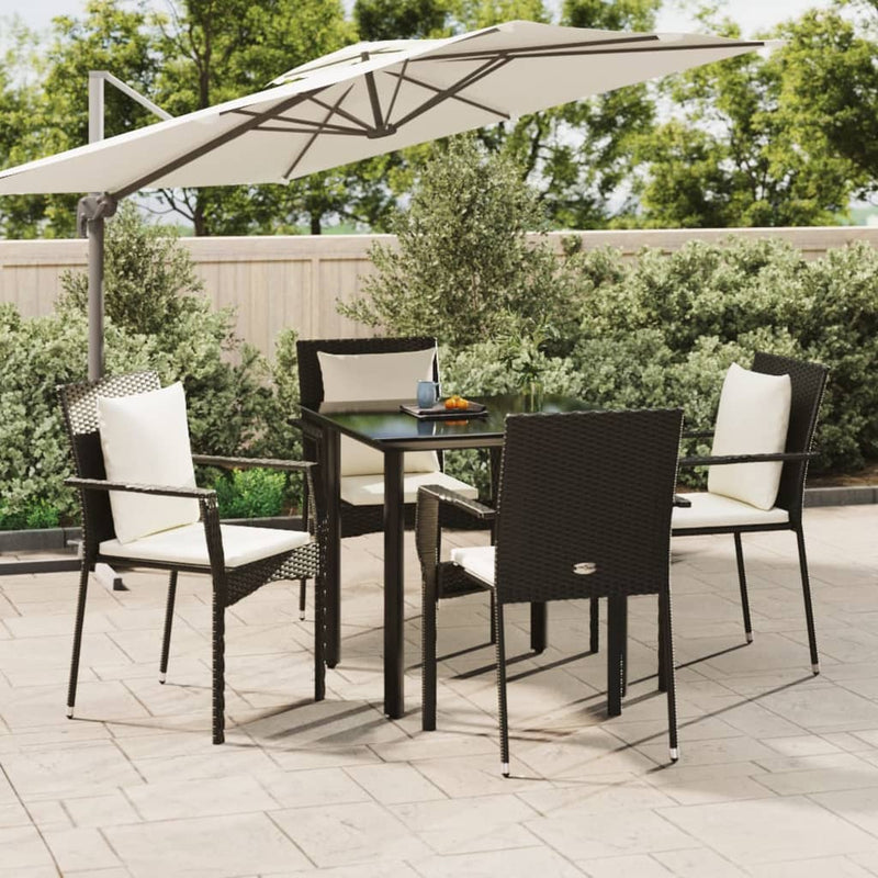 5 Piece Garden Dining Set with Cushions Black Poly Rattan