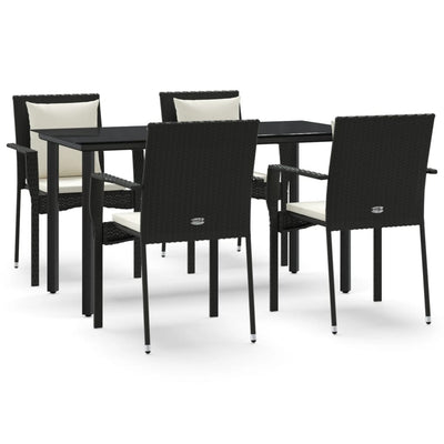 5 Piece Garden Dining Set with Cushions Black Poly Rattan