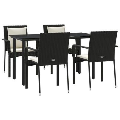 5 Piece Garden Dining Set with Cushions Black Poly Rattan