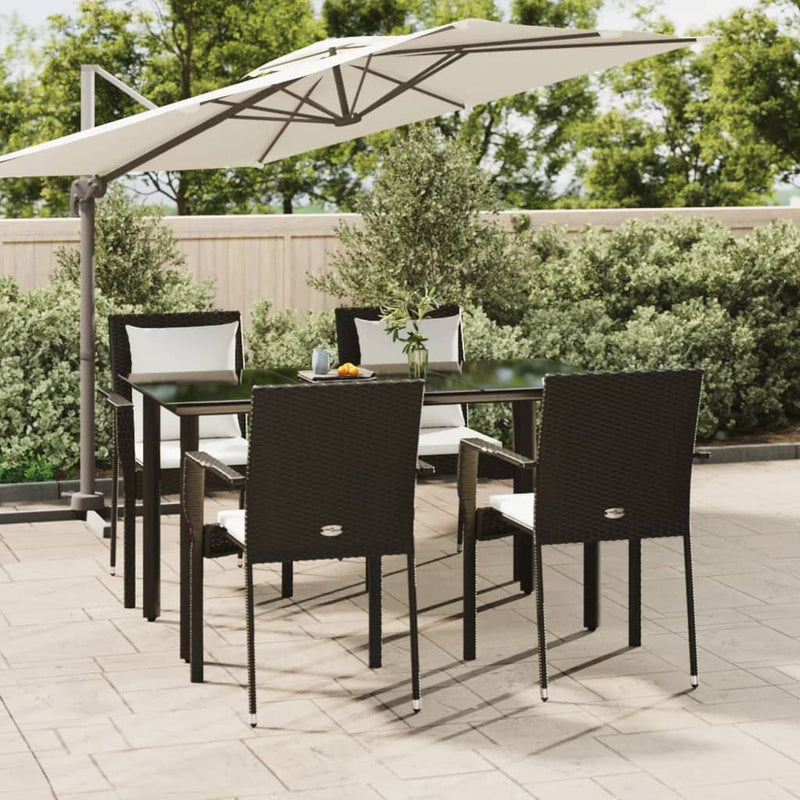 5 Piece Garden Dining Set with Cushions Black Poly Rattan