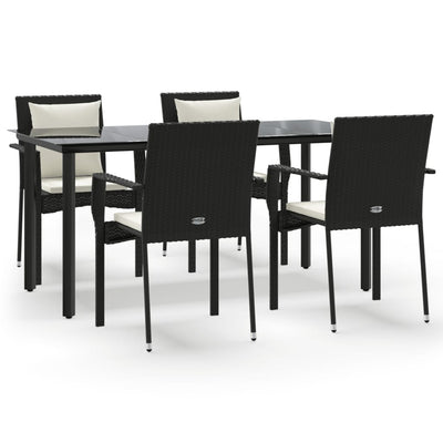 5 Piece Garden Dining Set with Cushions Black Poly Rattan