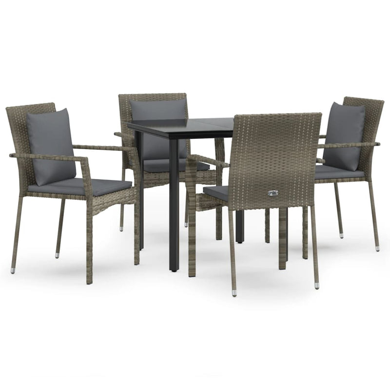 5 Piece Garden Dining Set with Cushions Black and Grey Poly Rattan