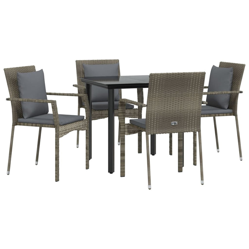 5 Piece Garden Dining Set with Cushions Black and Grey Poly Rattan