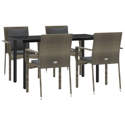 5 Piece Garden Dining Set with Cushions Black and Grey Poly Rattan