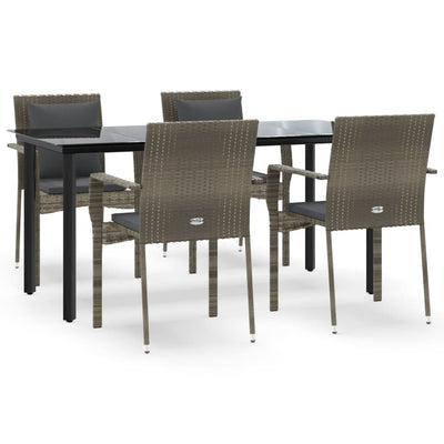 5 Piece Garden Dining Set with Cushions Black and Grey Poly Rattan