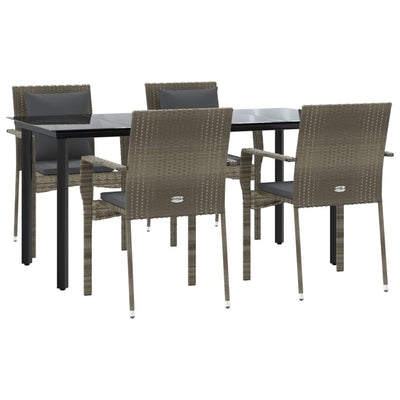 5 Piece Garden Dining Set with Cushions Black and Grey Poly Rattan