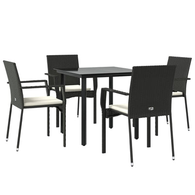 5 Piece Garden Dining Set with Cushions Black Poly Rattan