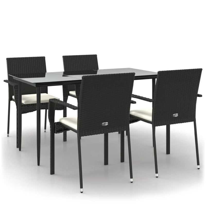 5 Piece Garden Dining Set with Cushions Black Poly Rattan