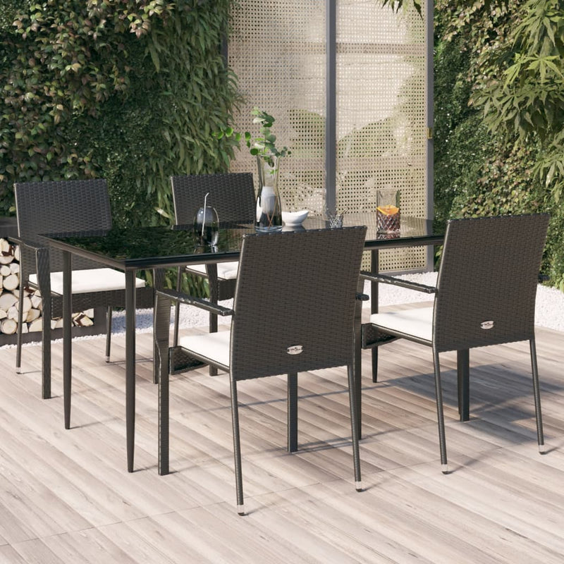 5 Piece Garden Dining Set with Cushions Black Poly Rattan