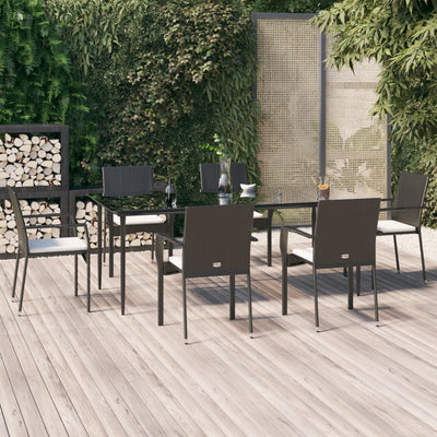 7 Piece Garden Dining Set with Cushions Black Poly Rattan