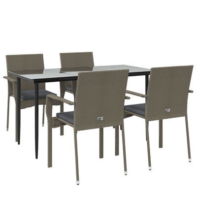 5 Piece Garden Dining Set with Cushions Black and Grey Poly Rattan