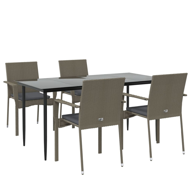 5 Piece Garden Dining Set with Cushions Black and Grey Poly Rattan