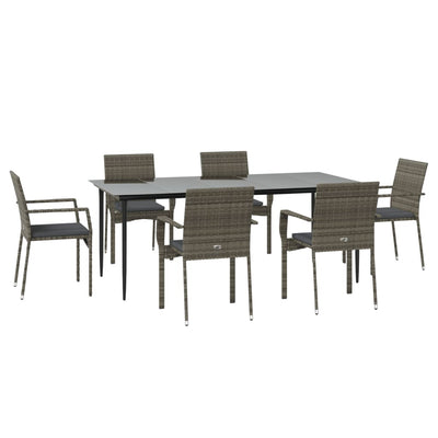 7 Piece Garden Dining Set with Cushions Black and Grey Poly Rattan